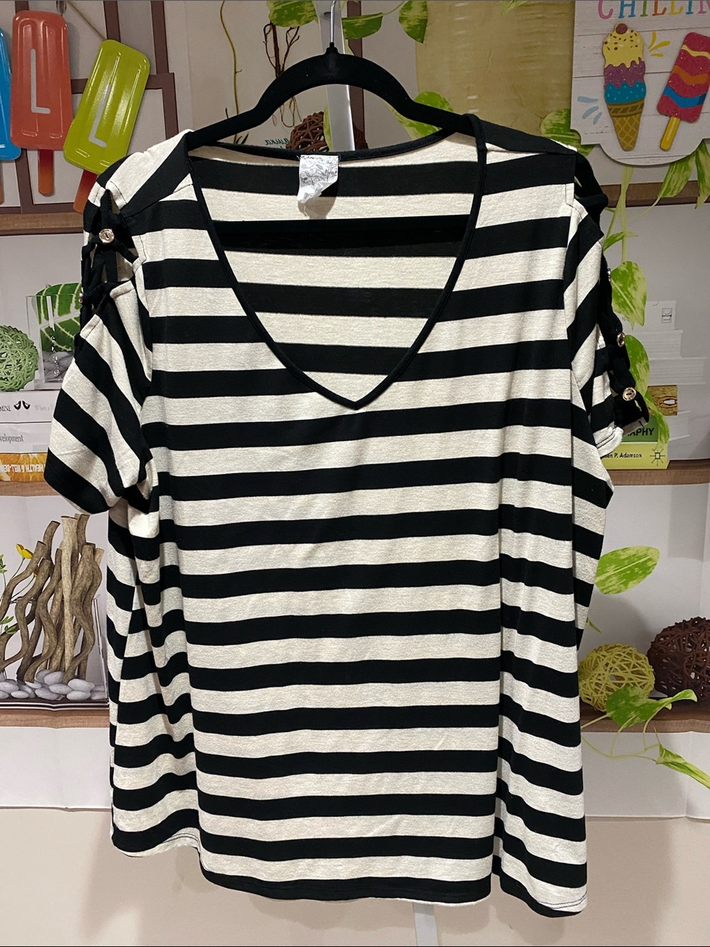 NAIF Black & White Striped V‑Neck Cold‑Shoulder Top